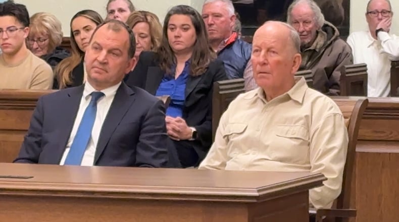 William Brock, 83, right, sits next to attorney Jon Paul Rion as Clark County Common Pleas Judge Douglas Rastatter announces the jury's guilty verdict Wednesday evening, Jan. 14, 2026, following a three-day murder trial in the death of 61-year-old Lo-Letha "Letha" Toland-Hall, an Uber driver from Columbus. JEN BALDUF/STAFF