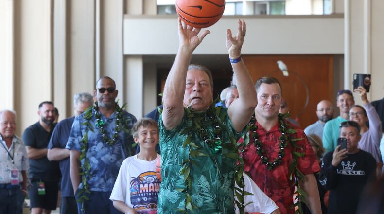 Michigan State's Tom Izzo participates in a free-throw shooting contest at a Maui Invitational press conference on Sunday, Nov. 24, 2024, at the Hyatt Regency Maui Resort. David Jablonski/Staff