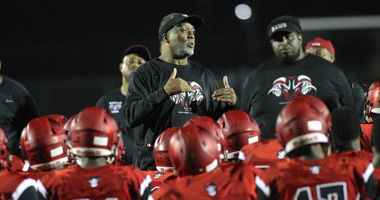 Trotwood-Madison’s Jeff Graham talks to his team after a loss to Pickerington Central on Friday, Sept. 7, 2018, in Trotwood. David Jablonski/Staff