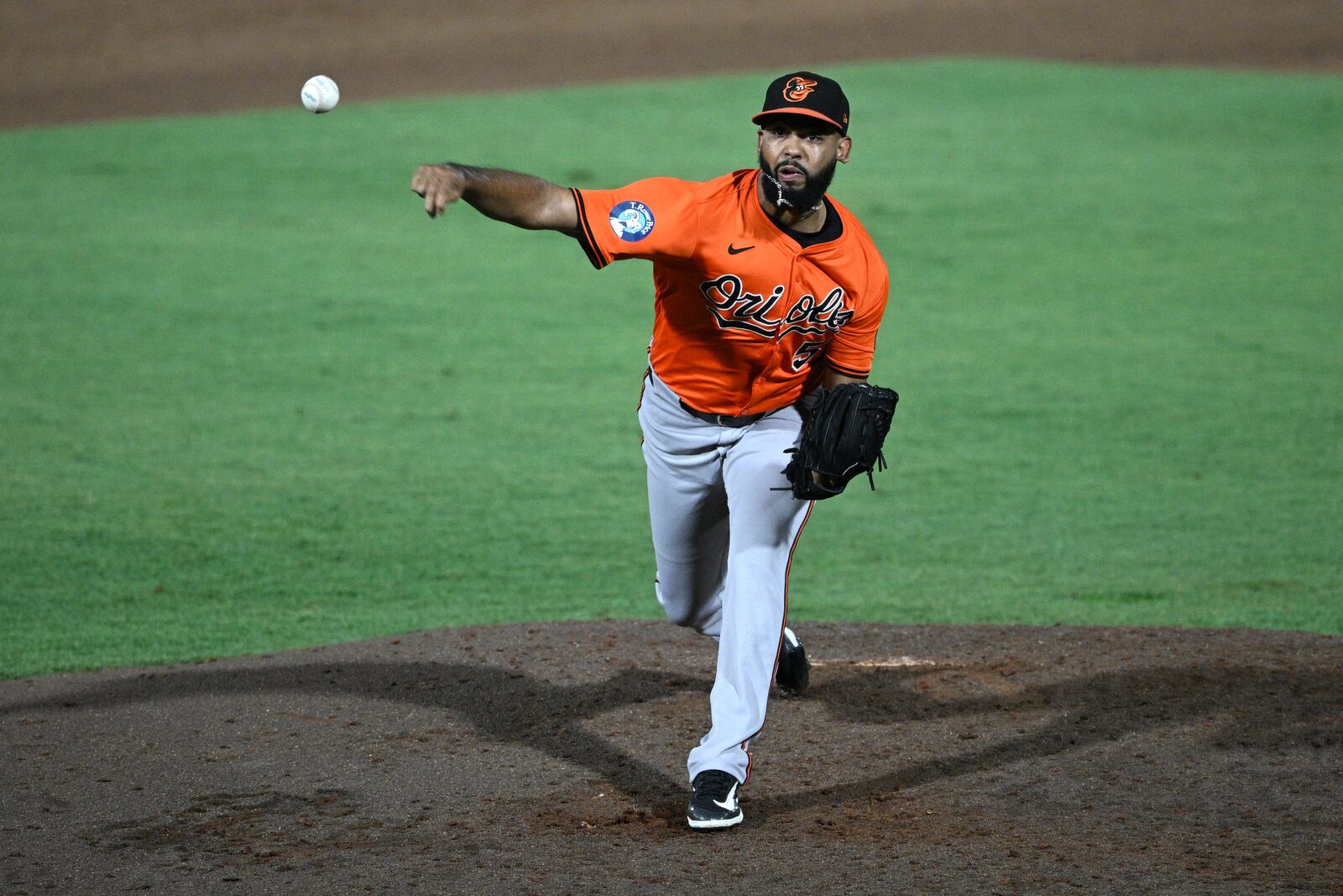 Baltimore Orioles pitcher Seranthony Domínguez throws to home plate during the eighth inning of a baseball game against the Tampa Bay Rays, Saturday, July 19, 2025, in Tampa, Fla. (AP Photo/Phelan M. Ebenhack)