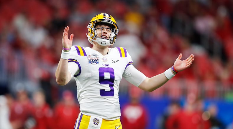 ATLANTA, GEORGIA - DECEMBER 28: Quarterback Joe Burrow #9 of the LSU Tigers reacts turnover a play against the Oklahoma Sooners during the Chick-fil-A Peach Bowl at Mercedes-Benz Stadium on December 28, 2019 in Atlanta, Georgia. (Photo by Todd Kirkland/Getty Images)