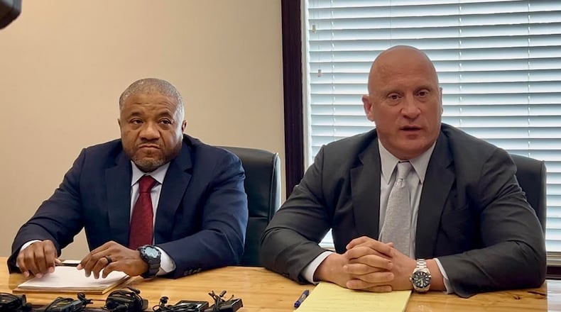 Attorneys Michael Wright and Richard Schulte held a press conference Monday announcing a class action law suit against Kettering Health Network in light of the recent cyberattack against the health care company. AIMEE HANCOCK/STAFF