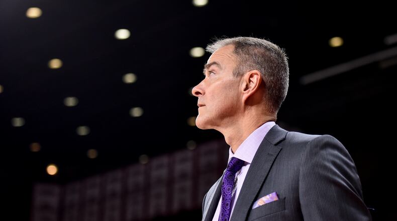 Wright State University head men's basketball coach Scott Nagy walks on to the court before their game against Miami University Tuesday, Nov. 14 at Millett Hall in Oxford. The Miami University Redhawks basketball team defeated the Wright State Raiders 73-67 in overtime. NICK GRAHAM/STAFF