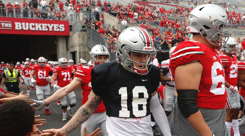 Ohio State players, including Tate Martell (18), prepare to take the field before the spring game on Saturday, April 14, 2018, at Ohio Stadium in Columbus. David Jablonski/Staff