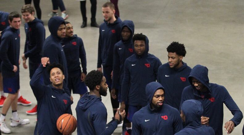 Dayton prepares to take the court before a game against Saint Louis on Saturday, Jan. 27, 2018, at Chaifetz Arena in St. Louis, Mo. David Jablonski/Staff