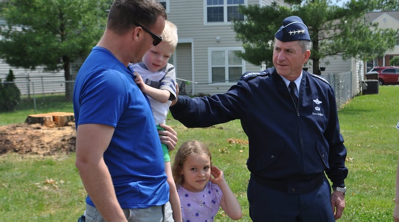 Gen. David Goldfein, Air Force chief of staff, visited the Prairies at Wright Field on Friday. The housing neighborhood for Wright-Patterson Air Force Base personnel was damaged in a tornado Monday night. Goldfein met a family that was displaced by the tornado.