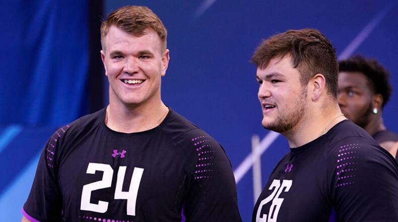 INDIANAPOLIS, IN - MARCH 02: Notre Dame offensive linemen Mike McGlinchey (L) and Quenton Nelson look on during the 2018 NFL Combine at Lucas Oil Stadium on March 2, 2018 in Indianapolis, Indiana. (Photo by Joe Robbins/Getty Images)