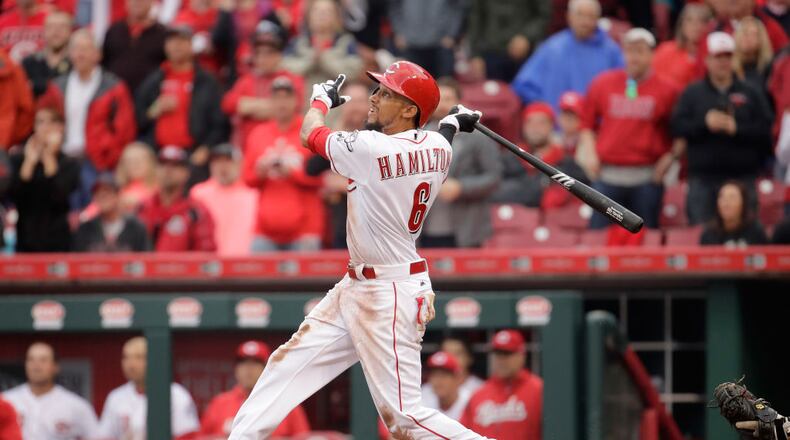 CINCINNATI, OH - APRIL 03: Billy Hamilton #6 of the Cincinnati Reds swings at a pitch in the ninth inning against the Philadelphia Phillies on Opening Day for both teams at Great American Ball Park on April 3, 2017 in Cincinnati, Ohio. (Photo by Andy Lyons/Getty Images)