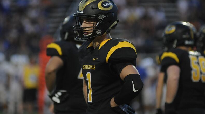 Jake Spiewak had six catches for 108 yards and a touchdown as Centerville defeated visiting Springboro 31-19 in a Week 5 high school football GWOC crossover game on Thursday, Sept. 21, 2017. MARC PENDLETON / STAFF