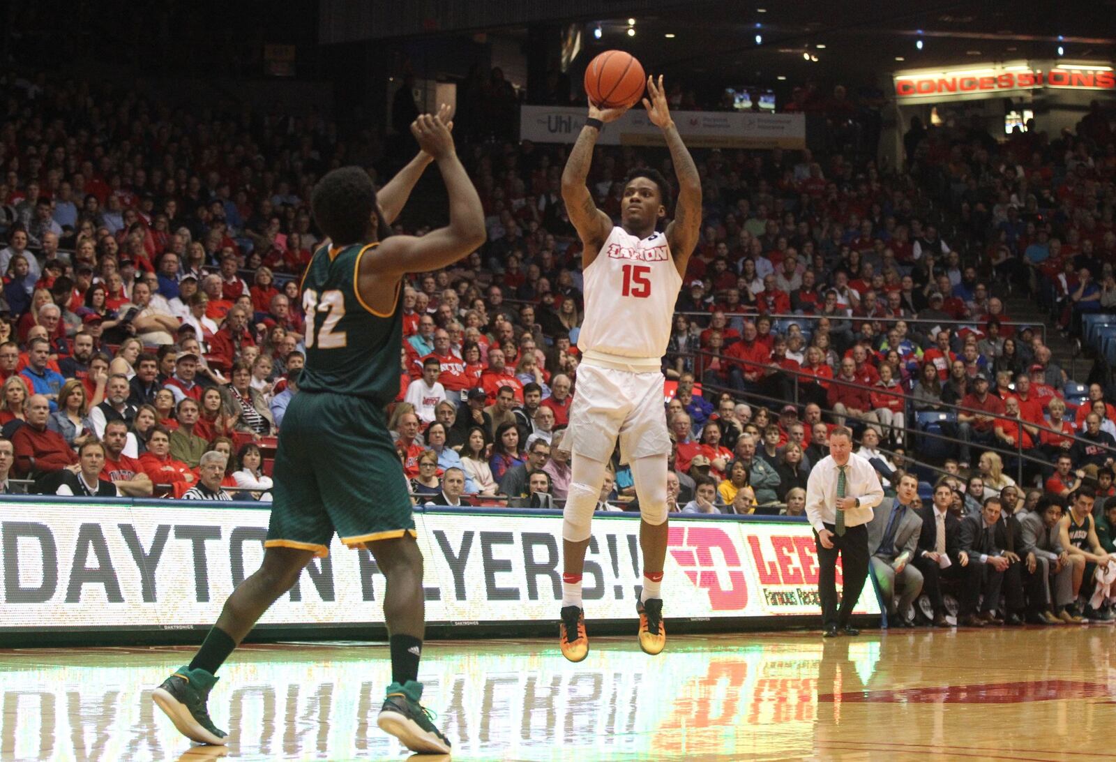 John Crosby came off the bench and made all three of his 3-pointers and finished with 12 points, five rebounds and zero turnovers Tuesday night against George Mason at UD Arena. DAVID JABLONSKI / STAFF