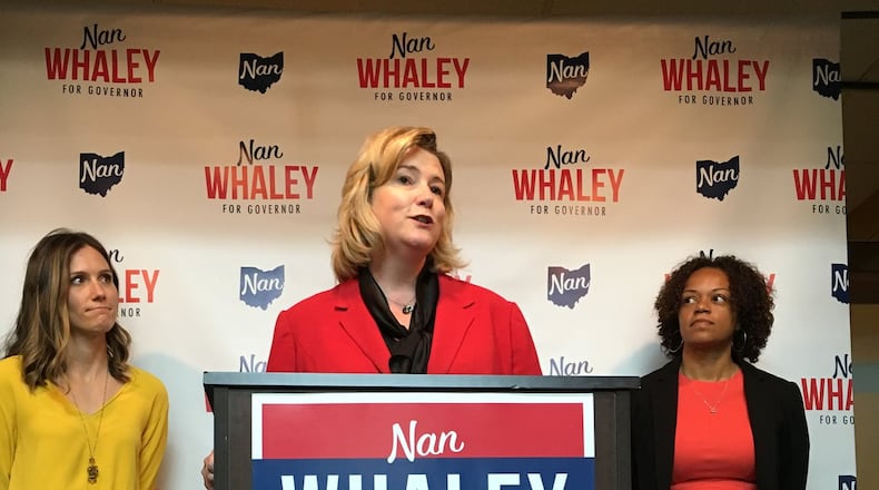 Dayton Mayor Nan Whaley Thursday landed endorsements from Columbus City Councilwomen Liz Brown, left, and Jaiza Page in the 2018 governor’s race. Brown is the daughter of U.S. Sen. Sherrod Brown.