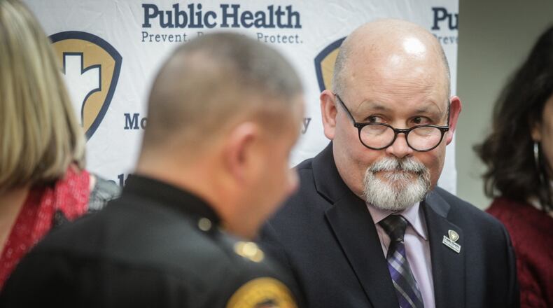 Montgomery County Sheriff Rob Streck, left, and Public Health - Dayton & Montgomery County Health Commissioner Jeff Cooper gave updates on the coronavirus during a press conference Monday, March 16, 2020. JIM NOELKER/STAFF