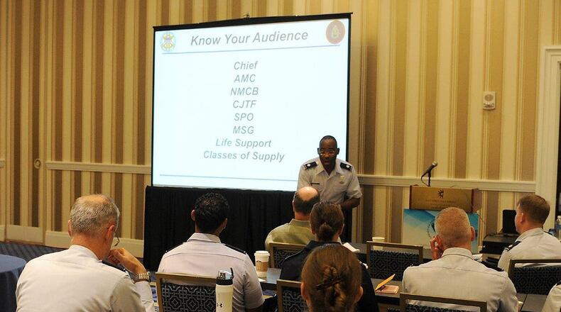 Lt. Col. Terrance Kilgore, Air Force Institute of Technology School of Systems and Logistics, presents the Joint Logistics Course Overview at the 2016 Logistics Officer Association Annual Symposium, Washington D.C., in October 2016. (Air Force Institute of Technology photo/Dennis Stewart)