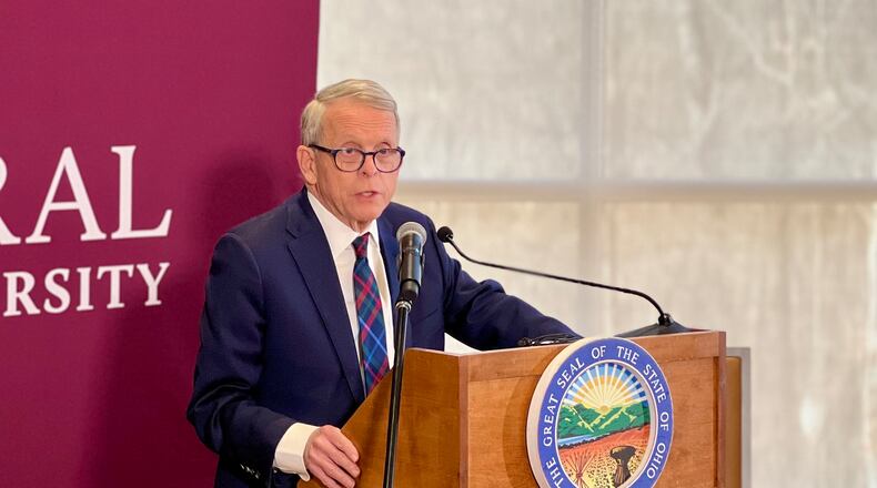 Gov. Mike DeWine was at Central State University Friday to announce that $40 million was awarded to 81 higher education institutions across Ohio through Super RAPIDS grants. AIMEE HANCOCK/STAFF