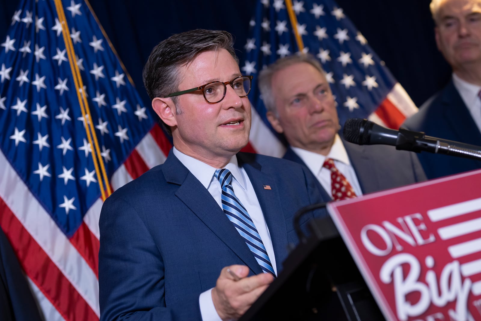 Speaker of the House Mike Johnson, R-La., joined at right by Majority Leader Steve Scalise, R-La., speaks at the Republican National Committee headquarters in Washington, Tuesday, July 15, 2025. (AP Photo/J. Scott Applewhite)