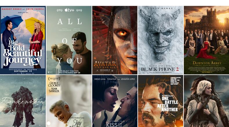 This combination of photos shows promotional for the films, top row from left, "A Big Bold Beautiful Journey," "All of You," "Avatar: Fire and Ash," "Black Phone 2," "Downton Abbey: The Grand Finale," bottom row from left, "Frankenstein," "Jay Kelly," "Kiss of the Spider Woman," "One Battle After Another," and "Predator: Badlands." (Sony/Apple TV+/Disney/Universal/Focus Features/Netflix/Netflix/Roadside Attractions/Warner Bros./20th Century Studios via AP)