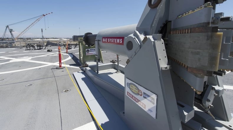 A 2014 photo of a Navy electromagnetic railgun prototype, then one of two on display aboard the high-speed vessel USS Millinocket (JHSV 3) in port at Naval Base San Diego. (U.S. Navy photo)