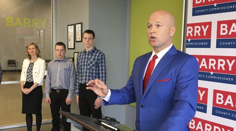 Doug Barry, a Miami Twp. trustee and president of BarryStaff, launches his campaign for Montgomery County Commissioner. CHRIS STEWART / STAFF