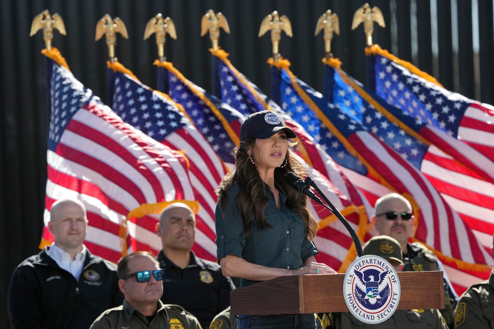 Kristi Noem, Secretary of the Department of Homeland Security, speaks at an event at the border Wednesday, Feb. 4, 2026, in Nogales, Ariz. (AP Photo/Ross D. Franklin)
