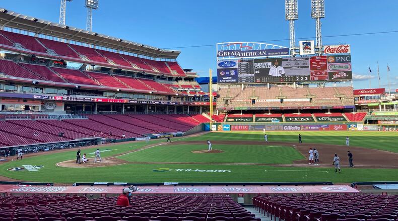 The scene as the Cincinnati Reds play the Tigers on Opening Day on Friday, July 24, 2020, at Great American Ball Park in Cincinnati.