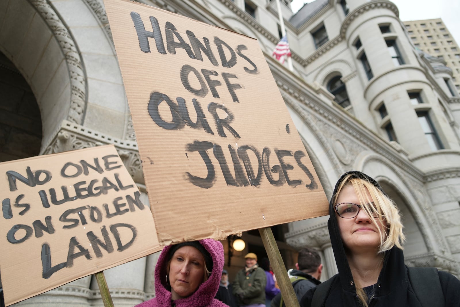 FILE - Supporters of Judge Hannah Dugan hold a rally in Milwaukee at the U.S. Courthouse in Milwaukee, April 25, 2025. (Lee Matz/Milwaukee Independent via AP, File)
