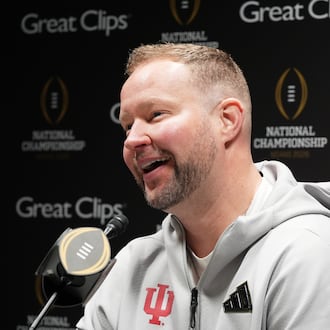 Indiana defensive coordinator Bryant Haines speaks during media day ahead of the College Football Playoff national championship game between Miami and Indiana, Saturday, Jan. 17, 2026, in Miami. The game will be played on Monday. (AP Photo/Marta Lavandier)