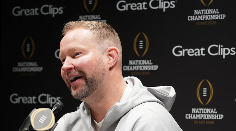 Indiana defensive coordinator Bryant Haines speaks during media day ahead of the College Football Playoff national championship game between Miami and Indiana, Saturday, Jan. 17, 2026, in Miami. The game will be played on Monday. (AP Photo/Marta Lavandier)
