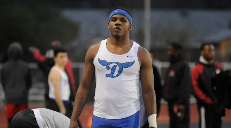 Dunbar junior Tavion Thomas warms up during the Wayne Warriors track and field invitational at Heidkamp Stadium in Huber Heights on Tuesday, April 4, 2017. MARC PENDLETON / STAFF