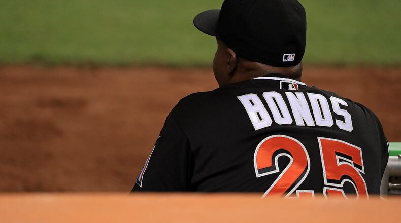 MIAMI, FL - JULY 23: Barry Bonds #25 of the Miami Marlins looks on during a game against the New York Mets at Marlins Park on July 23, 2016 in Miami, Florida. (Photo by Mike Ehrmann/Getty Images)