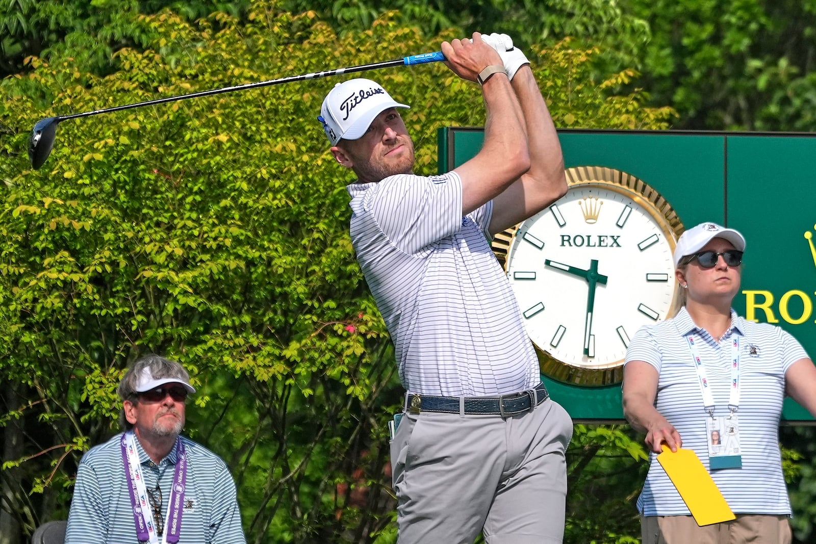 Matt Vogt tees off on the first hole of a practice round for the 2025 US Open golf championship at Oakmont Country Club in Oakmont, Pa. Monday, June 9, 2025. (AP Photo/Gene J. Puskar)
