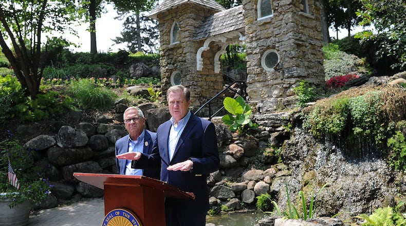 Congressman Mike Turner, right, and Congressman Mike Bost, Chairman of the House Veterans' Affairs Committee, held a press conference at the Grotto Gardens Wednesday, Aug 2, 2023 following their tour of the Dayton Veterans Affairs Medical Center Complex. MARSHALL GORBY\STAFF