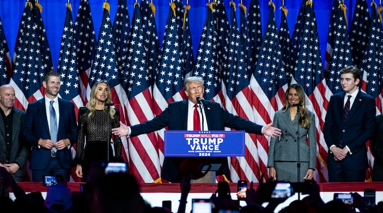 President-elect Donald Trump speaks to supporters at an election night gathering in West Palm Beach early Wednesday, Nov. 6, 2024. Trump rode a promise to smash the American status quo to win the presidency for a second time on Wednesday, surviving a criminal conviction, indictments, an assassin’s bullet, accusations of authoritarianism and an unprecedented switch of his opponent to complete a remarkable return to power. (Haiyun Jiang/The New York Times)