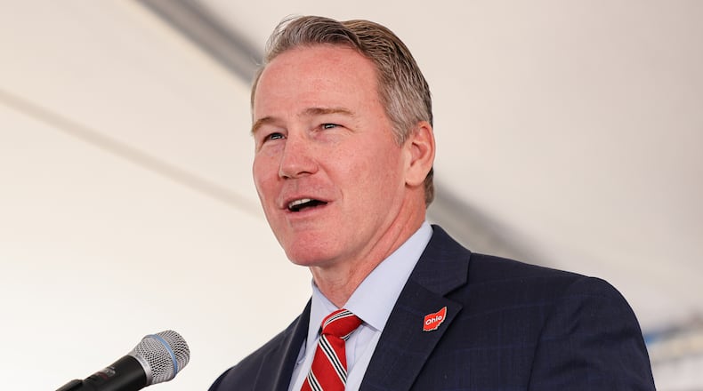 Sen. Jon Husted (R-Upper Arlington) speaks during a groundbreaking ceremony in the Dayton area Friday, Sept. 26, 2025. BRYANT BILLING / STAFF