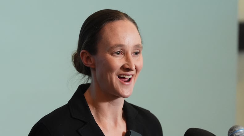 Seattle mayor-elect Katie Wilson smiles while delivering a victory speech during a news conference at the Seattle Labor Temple Thursday, Nov. 13, 2025, in Seattle. (AP Photo/Lindsey Wasson)