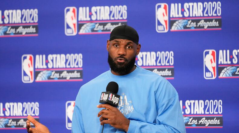 USA Stripes forward LeBron James (23) answers questions before the NBA All-Star basketball game Sunday, Feb. 15, 2026, in Inglewood, Calif. (AP Photo/Mark J. Terrill)
