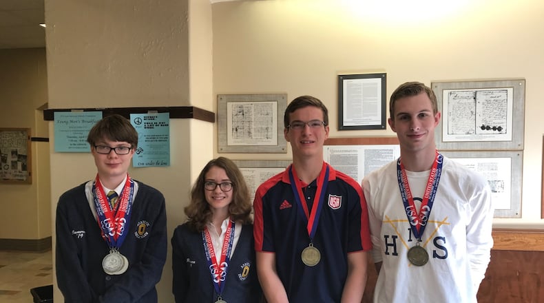 Members of Oakwood High School’s Academic Decathlon National Championship team. (From left to right) Cameron Hendrix, Rebecca Gentry, Sam Carryer, Connor Hart. TREMAYNE HOGUE / STAFF