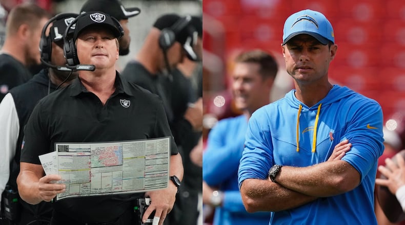 Jon Gruden and Brandon Staley. Associated Press photos
