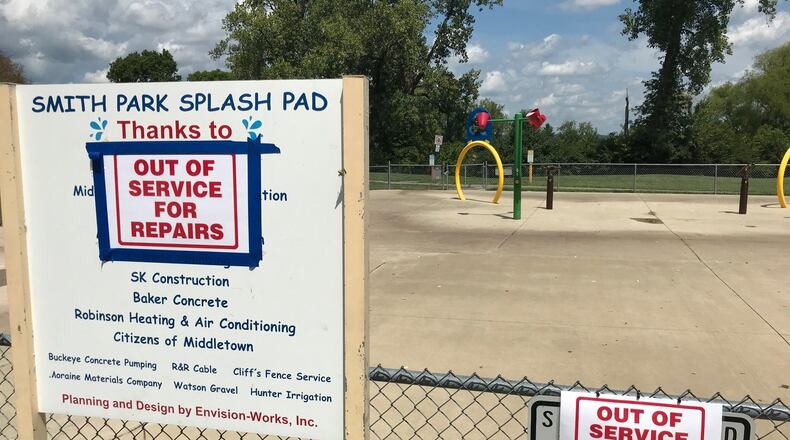 The splash pad at Middletown’s Smith Park is closed for repairs. NICK GRAHAM/STAFF
