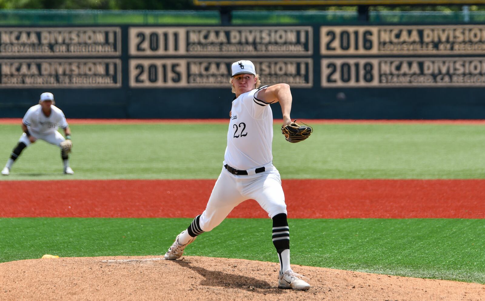 Wright State's Luke Stoffel fires a pitch plateward during Sunday's game vs. Milwaukee at Nischwitz Stadium. Wright State Athletics photo