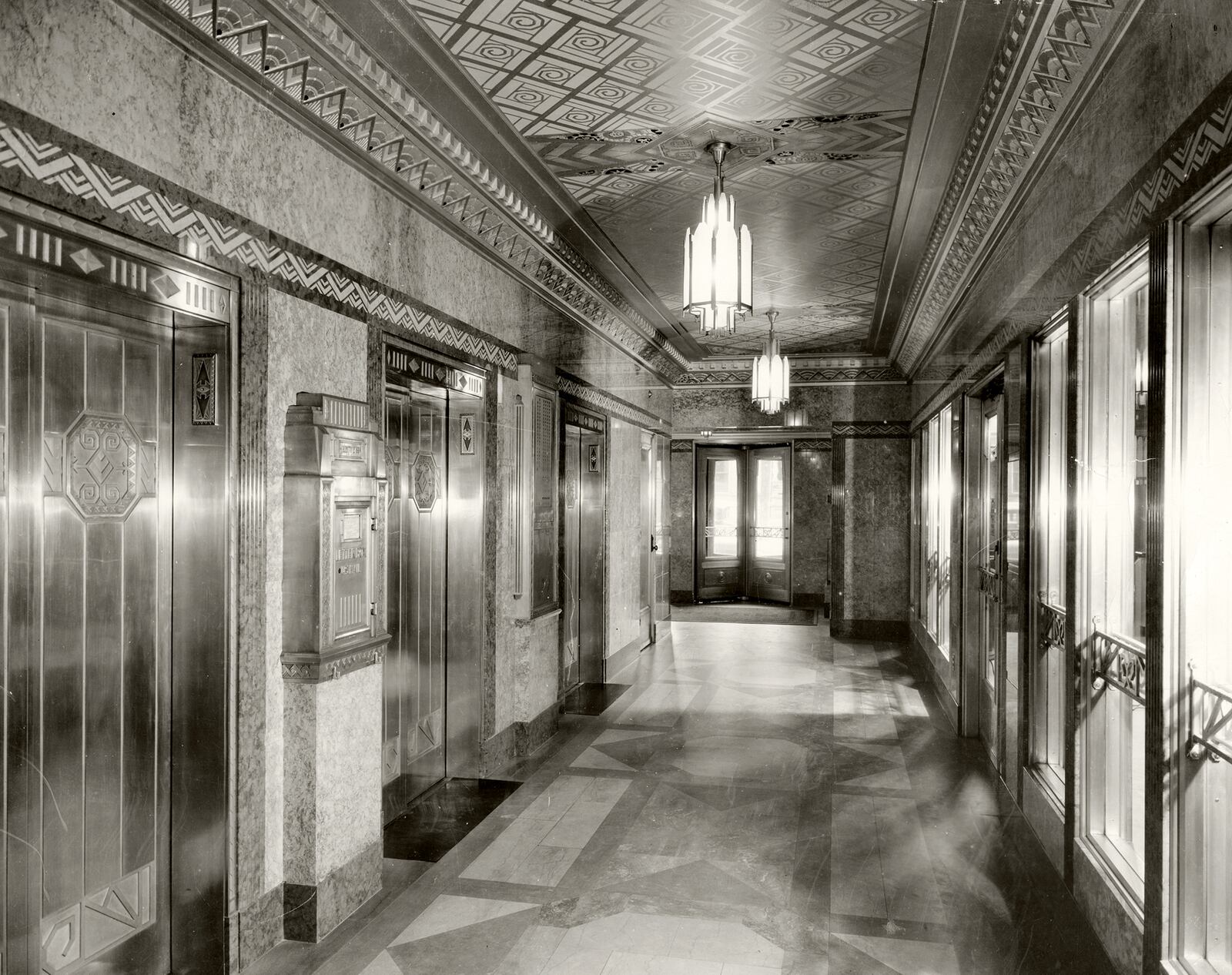 An early view of elevators and a mail box are located in the ornate lobby of the Mutual Home Building, now called the Liberty Tower in downtown Dayton. LIBERTY TOWER ARCHIVES