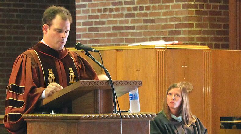 Wittenberg University President Michael Frandsen speaks at the school’s convocation. JEFF GUERINI/STAFF