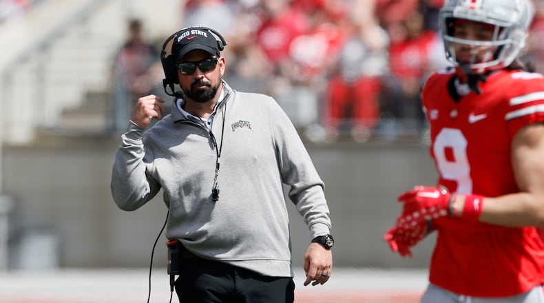Ohio State head coach Ryan Day watches his team during their spring NCAA college football game Saturday, April 15, 2023, in Columbus, Ohio. (AP Photo/Jay LaPrete)