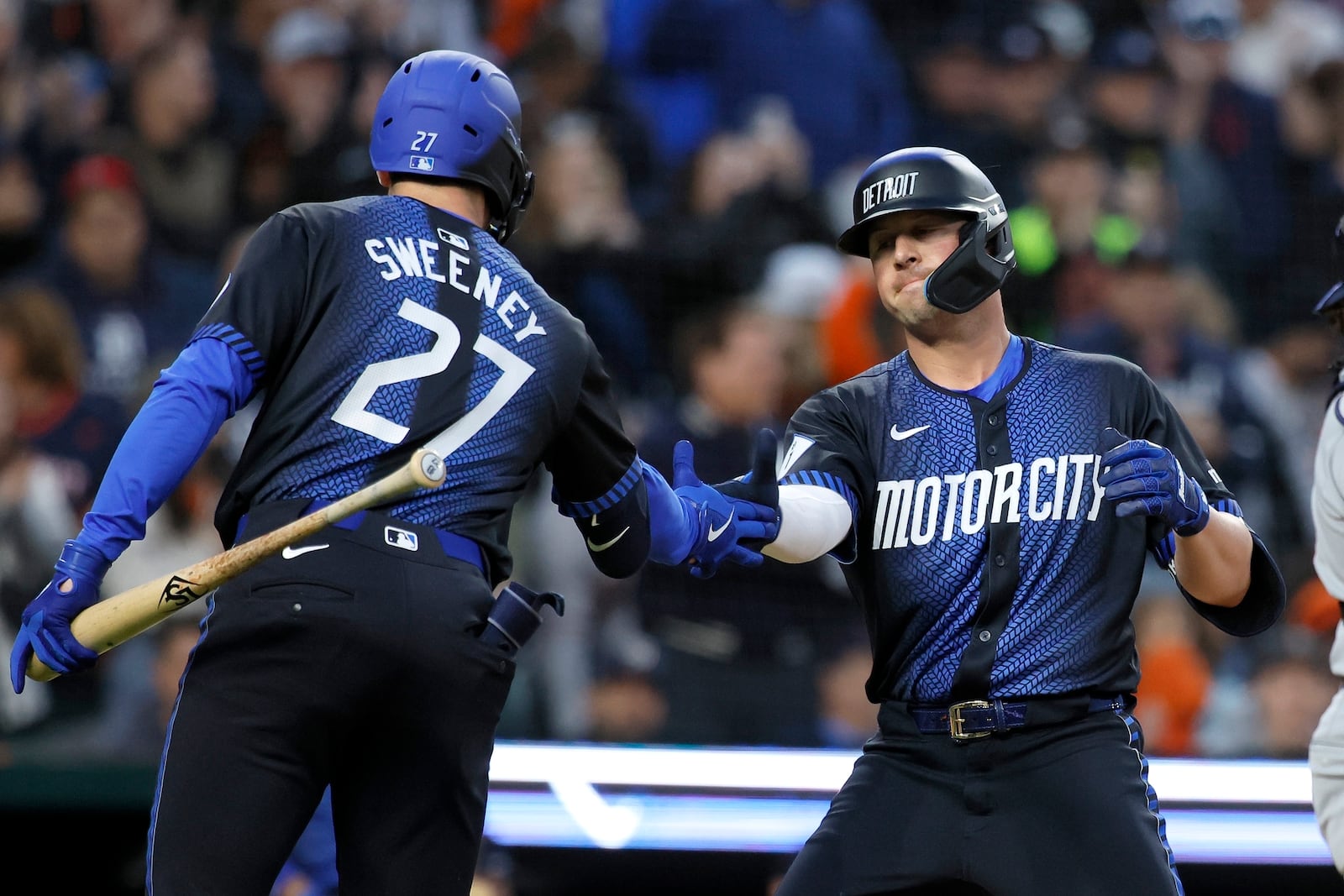 Detroit Tigers' Spencer Torkelson, right, is congratulated by shortstop Trey Sweeney (27) after hitting a solo home run against the Cleveland Guardians during the sixth inning of a baseball game Friday, May 23, 2025, in Detroit. (AP Photo/Duane Burleson)
