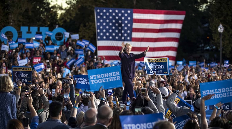 Hillary Clinton arrives on stage at a campaign event at Ohio State University in Columbus, Ohio, Oct. 10, 2016. (Doug Mills/The New York Times)