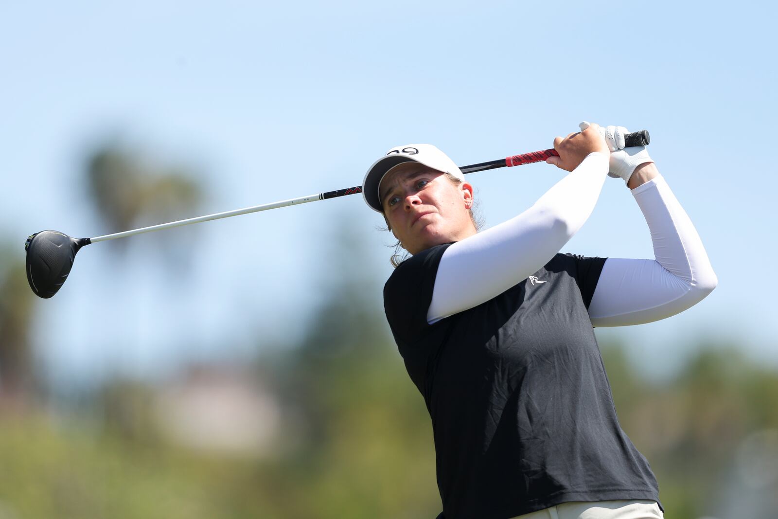 Lauren Coughlin hits from the seventh tee during the final round of the LPGA's JM Eagle LA Championship golf tournament at El Caballero Country Club Sunday, April 20, 2025, in Los Angeles. (AP Photo/Jessie Alcheh)