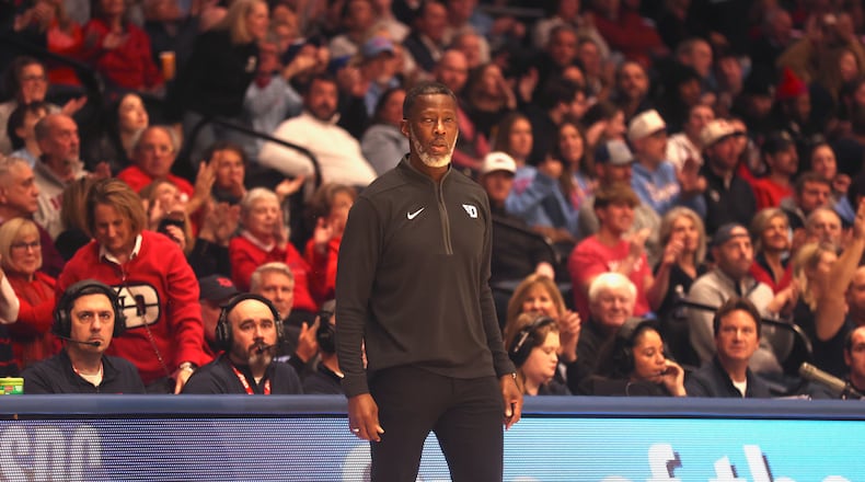 Dayton's Anthony Grant coaches during a game against Loyola Chicago on Friday, Jan. 16, 2026, at UD Arena. David Jablonski/Staff