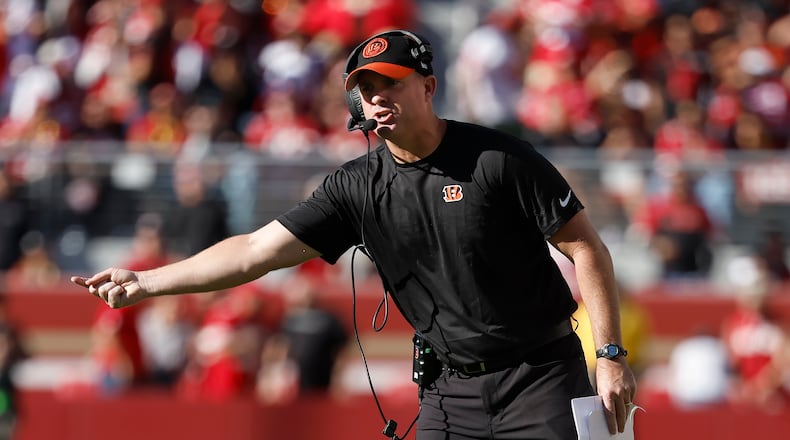 Cincinnati Bengals head coach Zac Taylor gestures toward officials during an NFL football game against the San Francisco 49ers in Santa Clara, Calif., Sunday, Oct. 29, 2023. (AP Photo/Josie Lepe)