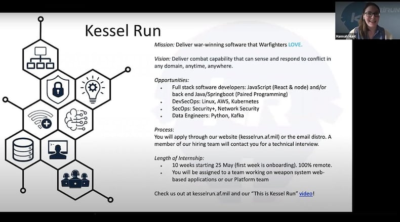 Hannah Hunt, Kessel Run chief of staff, speaks during a Digital Airmen Internship webinar April 24. The first iteration has 60 slots for military developers who will be virtually embedded with Air Force solution centers and programs, ranging from 12 weeks to one year. (U.S. Air Force courtesy photo)