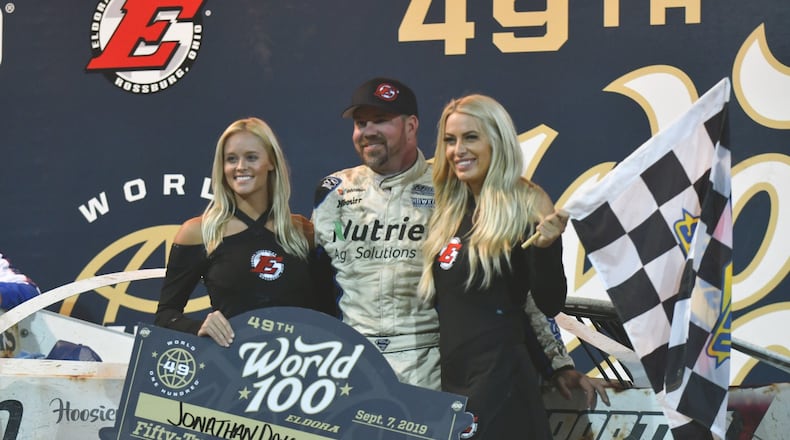 Joanathan Davenport (middle) after winning the World 100 on Saturday at Eldora Speedway. Greg Billing/CONTRIBUTED