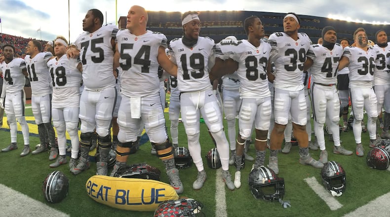Ohio State sings “Carmen Ohio” after a victory against Michigan on Saturday, Nov. 25, 2017, at Michigan Stadium in Ann Arbor, Mich. David Jablonski/Staff